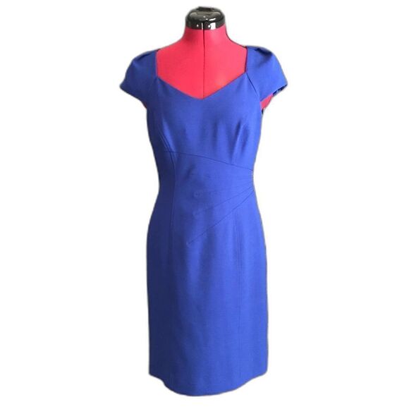 Tahari ASL Dress Women Size 4P Royal Blue Cap Sleeves Exposed Back Zipper Sheath - Picture 1 of 9